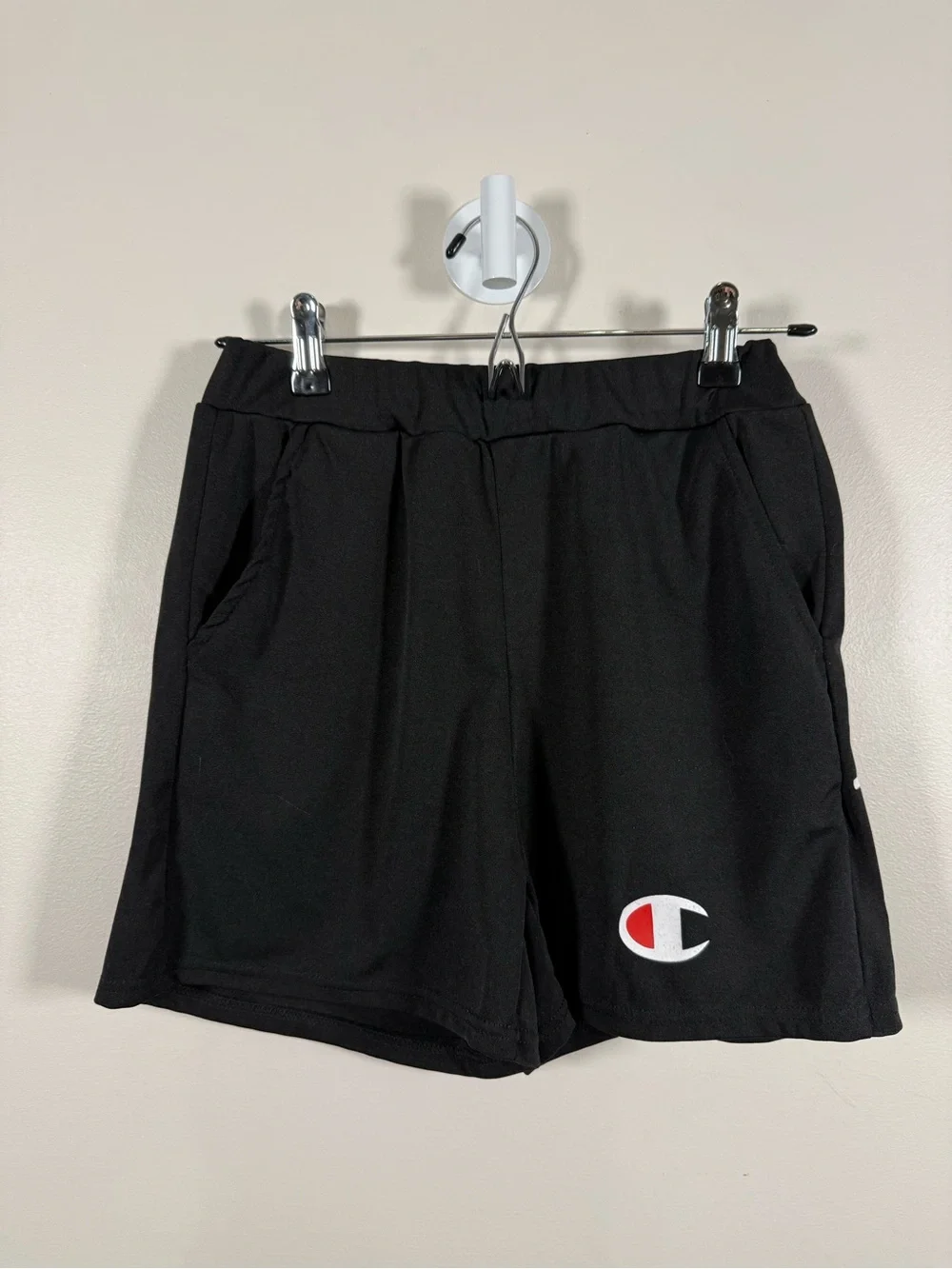 Champion Black Athletic Shorts with Red & White Logo